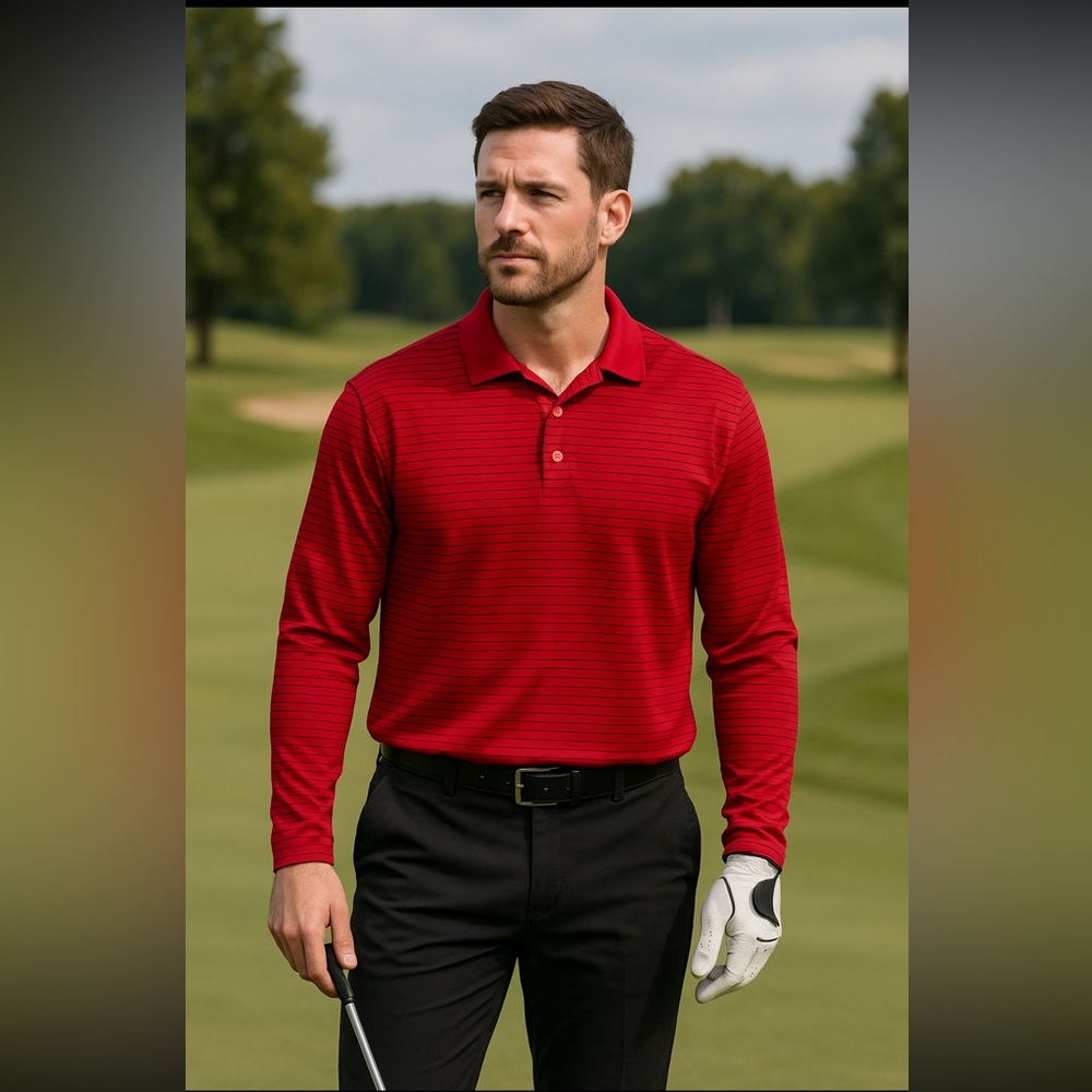 Pro Tour Airplay Red Black Striped Long Sleeve Golf Polo Shirt Men’s XL